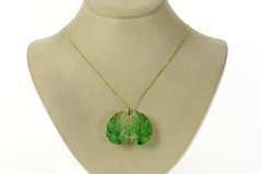 14K Yellow Gold Victorian Carved Floral Swirl Wing Jade Pendant