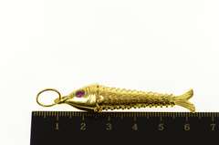 22K Yellow Gold Ornate Articulated Ruby Eyed Fish Statement Pendant