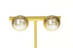 14K Yellow Gold Retro Mabe Pearl Lattice Trim French Clip Earrings