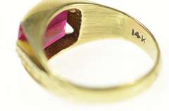 14K Yellow Gold Art Deco Syn. Ruby Ornate Squared Statement Ring