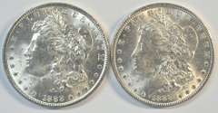 2 Frosty-white BU 1888 Morgan Silver Dollars