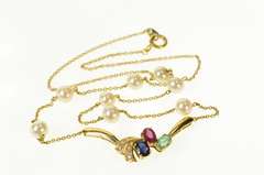 18K Yellow Gold Emerald Ruby Diamond Pendant Pearl Chain Necklace
