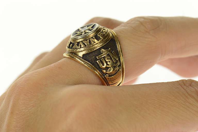 10K Yellow Gold United States Navy Diamond Ornate Military Ring