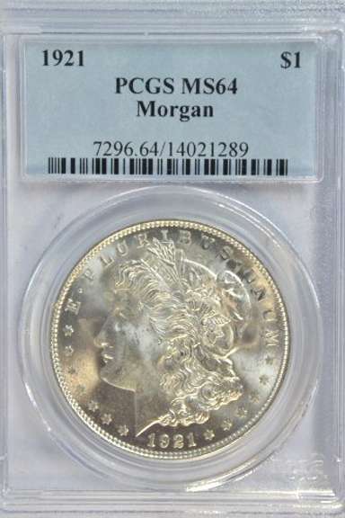 Nearly Gem BU 1921 Morgan Silver Dollar. PCGS MS64