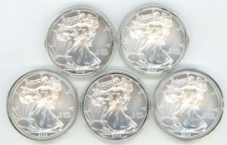 5 Superb Gem BU 2009 $1 Silver Eagles in custom capsules