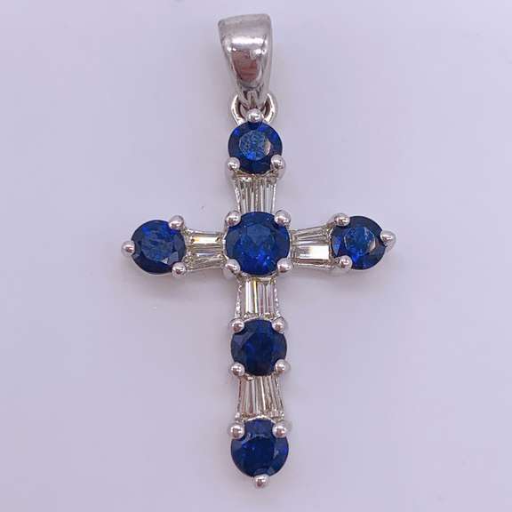 14kt Gold, Blue Sapphire, & Diamond Cross Pendant