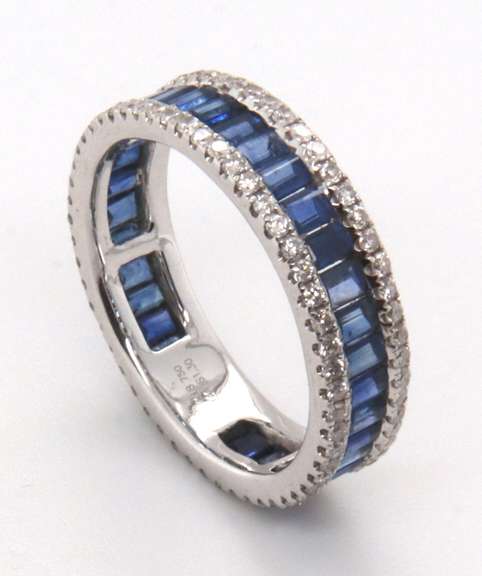 18k Stamped White Gold Sapphire Eternity Band rimmed with Diamonds