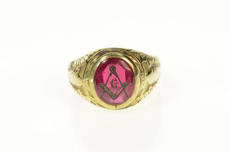 10K Yellow Gold Art Deco Syn. Ruby Masonic Compass Squared Ring