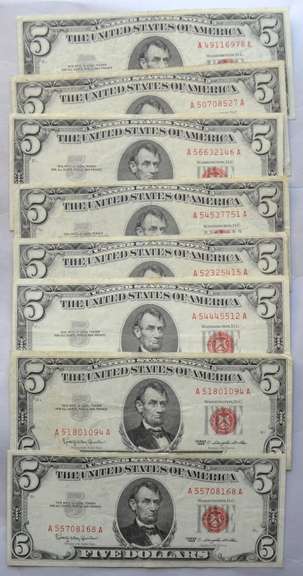 7 Clean Red Seal 1953 US Notes