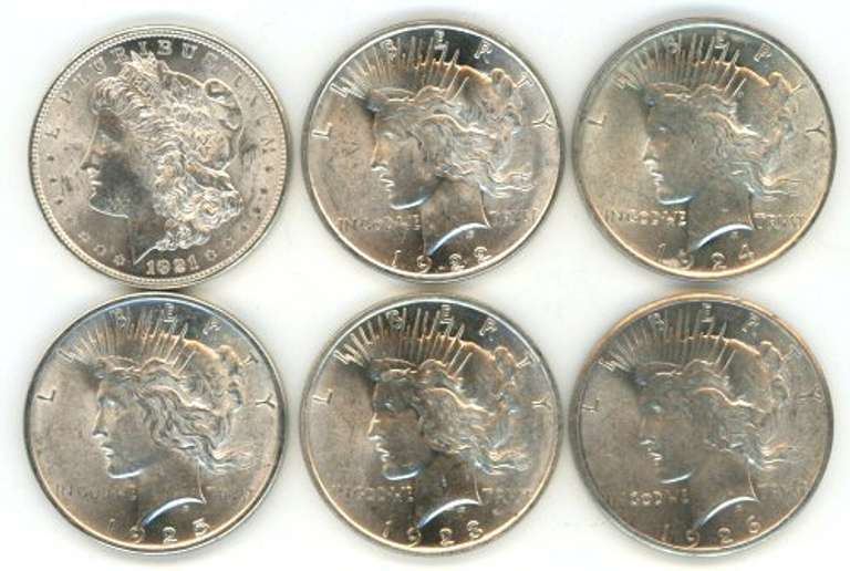 6 Choice BU 1921 to 1926 US Silver Dollars. Nice