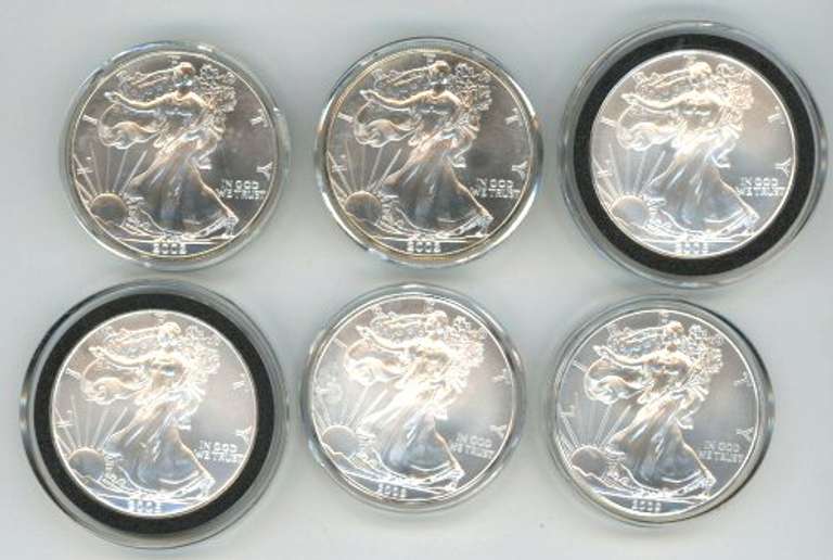 6 Assorted Superb Gem BU $1 American Silver Eagles. Capsules