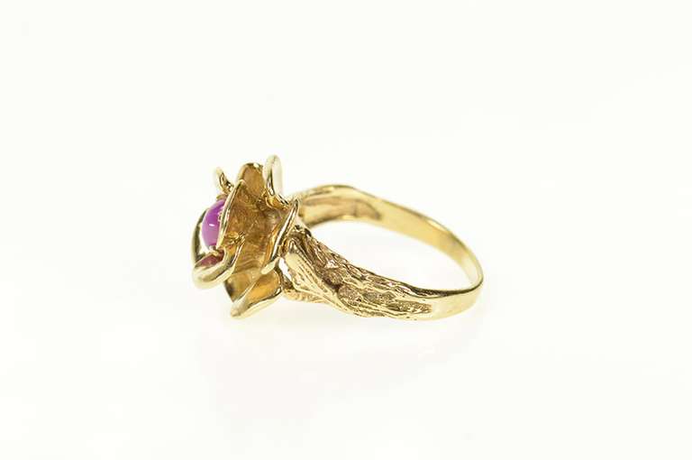 14K Yellow Gold Oval Pink Syn. Star Sapphire Flower Rose Ring
