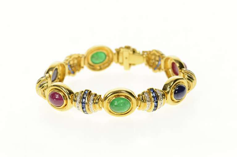 18K Yellow Gold Oval Sapphire Diamond Emerald Statement Bracelet