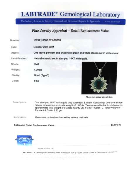 Gorgeous 18kt Emerald with Diamond Halo Pendant on Chain