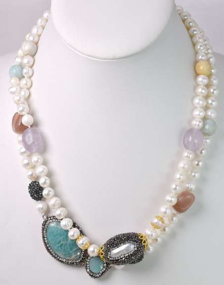 Decadent Pearl Necklace with Crystalized Turquoise, Mother of Pearl & Colorful Gemstones