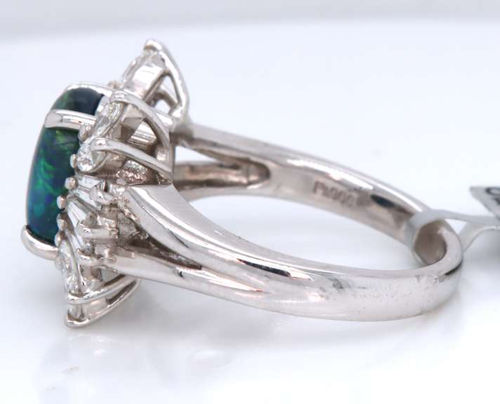 Masterpiece Platinum Oval Cut Black Opal and Diamond Ring