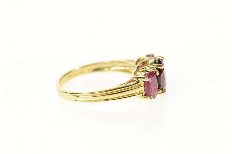 14K Yellow Gold Oval Garnet Natural Ruby Accent Three Stone Ring