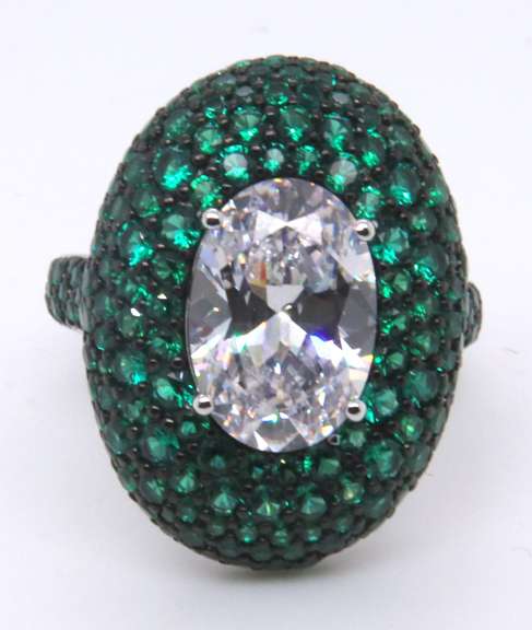 Sterling Silver Oval White and Green Cubic Zirconia Ring