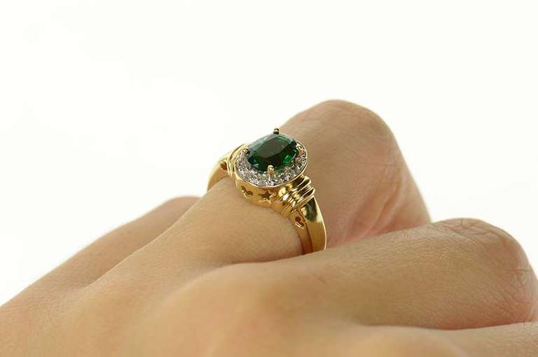 10K Yellow Gold Oval Syn. Emerald Diamond Halo Statement Ring