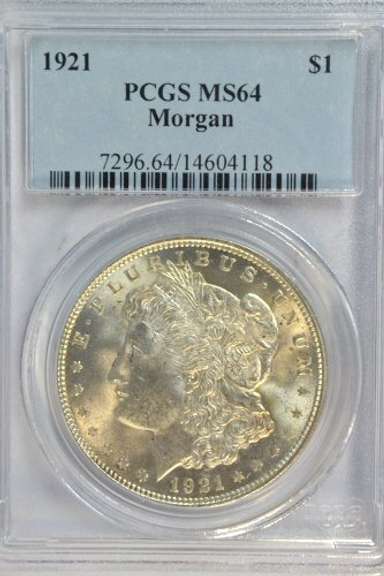 Nearly Gem BU 1921 Morgan Silver Dollar. PCGS MS64