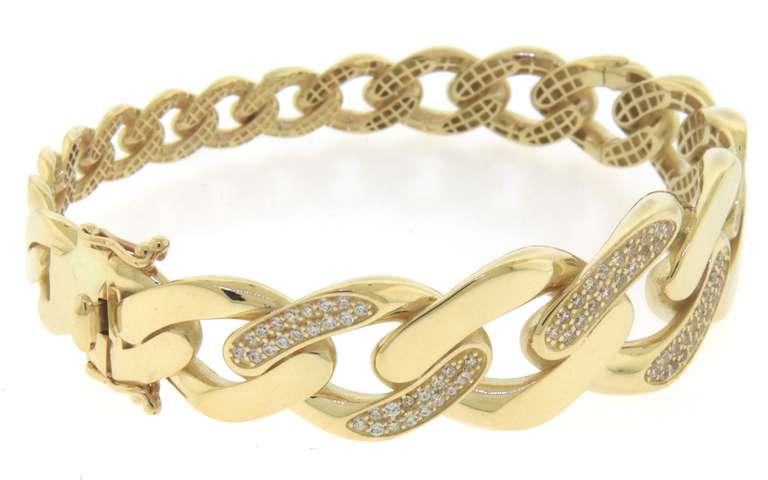 Feminine Handmade Italian 14k Gold Curb Chain Bangle Bracelet with Cubic Zirconias