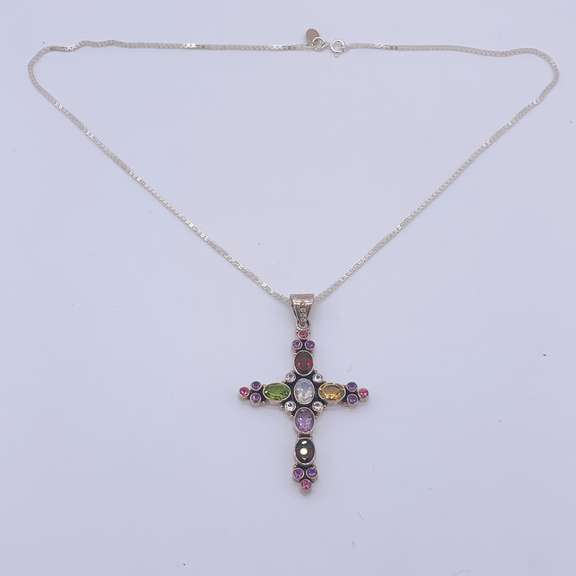 Sterling Silver & Gemstone Cross Pendant Necklace