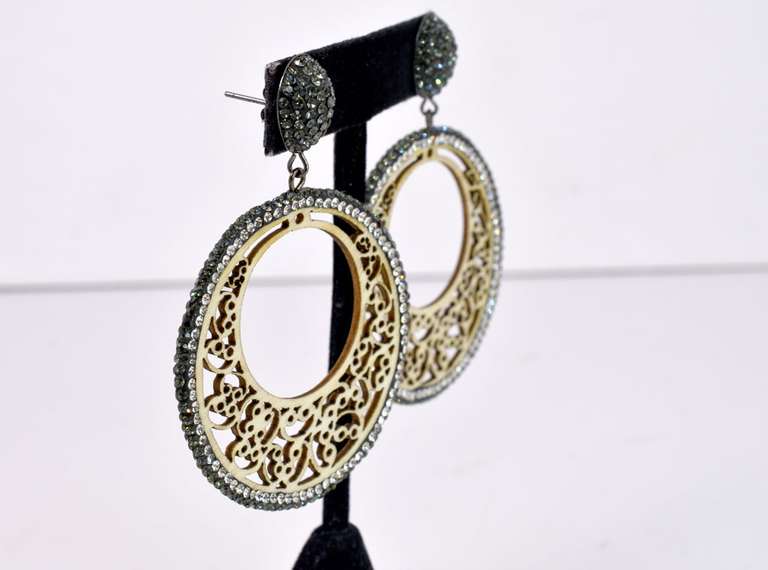 Beautiful Hand Carved Wood Dangle Earrings With Crystal Accents