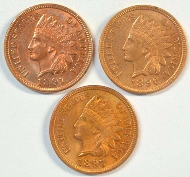 3 Diff Full Red CH BU Indian Head Cents: 1891, 1896, & 1897