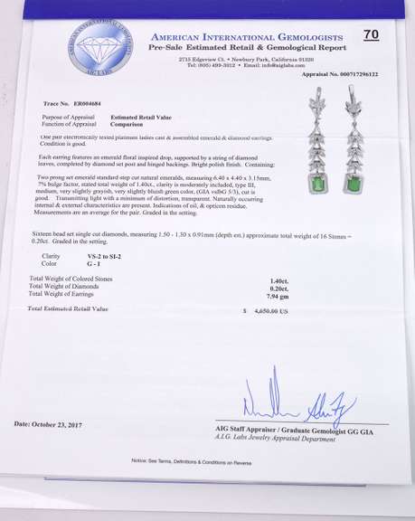 Fancy Ladies Emerald and Diamond Earrings in Platinum