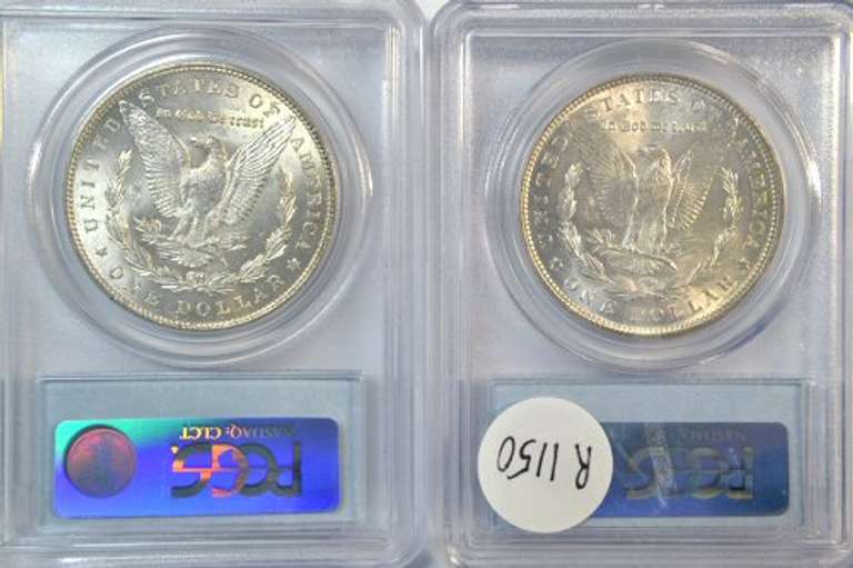 PCGS MS62 1885 & 1887 Morgan Silver Dollars. Flashy
