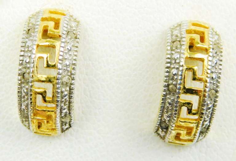 Sterling Greek Key & Diamonds Semi Hoop Earrings