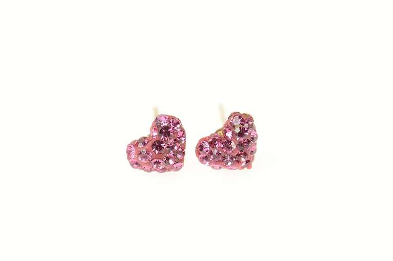 10K Yellow Gold Pave Pink Rhinestone Enamel Puffy Heart Earrings