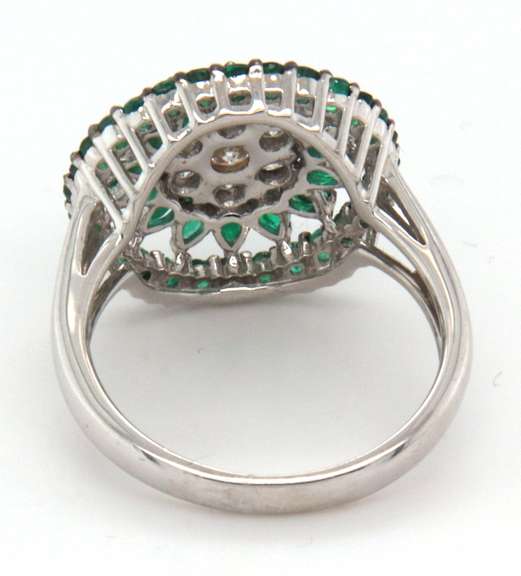 Pretty Floral Emerald and Diamond Ring with 18k Stamped White Gold Band