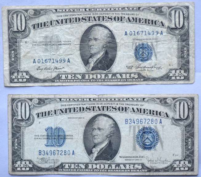 1934 C & 1953 $ 10 Silver Certificates