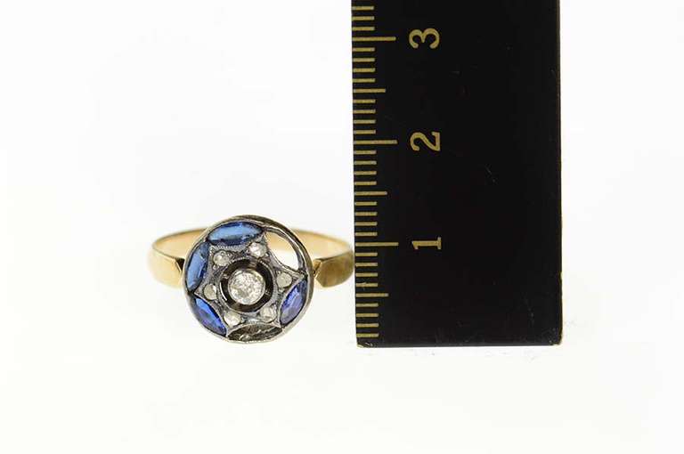 14K Yellow Gold Edwardian Syn. Sapphire Diamond Round Ring