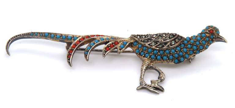 Sterling Silver Roadrunner Gemstone Brooch