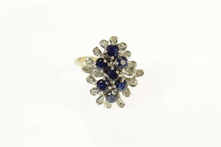 14K Yellow Gold Retro Ornate Sapphire Diamond Petal Halo Ring