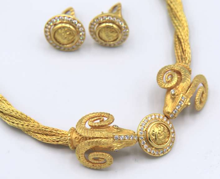Luxurious 18kt Gold and Diamond Rams Head Necklace and Earring Set