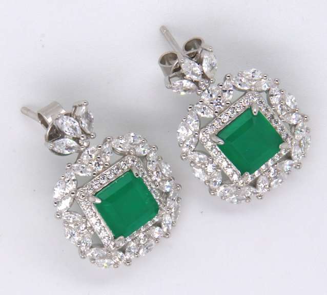 Green and White Cubic Zirconia Sterling Silver Earrings