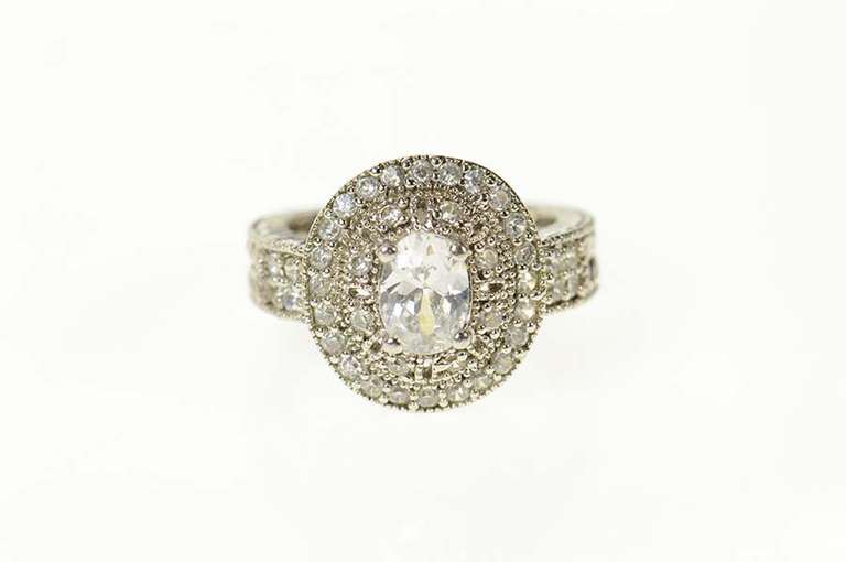 Sterling Silver Oval Ornate Halo Etched Travel Engagement Ring