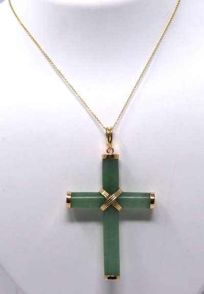 Large Green Jade Cross Pendant on Chain