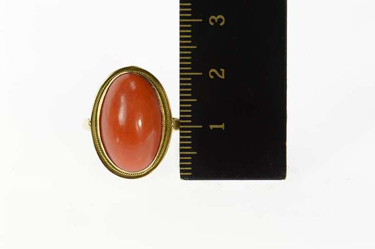 18K Yellow Gold Victorian Red Coral Cabochon Statement Ring