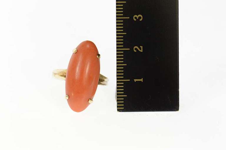 14K Yellow Gold 1930's Oval Red Coral Cabochon Statement Ring
