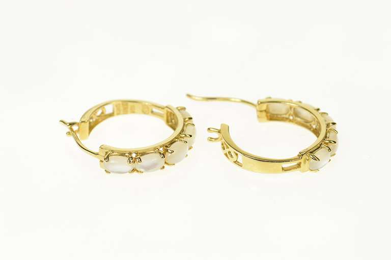 14K Yellow Gold Mother of Pearl Cabochon Statement Hoop Earrings