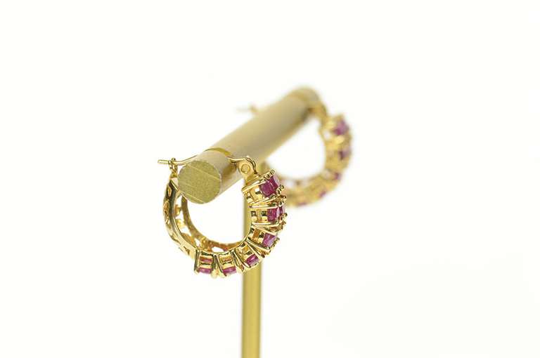 14K Yellow Gold Squared Natural Ruby Filigree Statement Hoop Earrings
