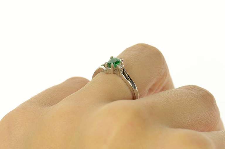 14K White Gold Pear Natural Emerald Diamond Accent Bypass Ring