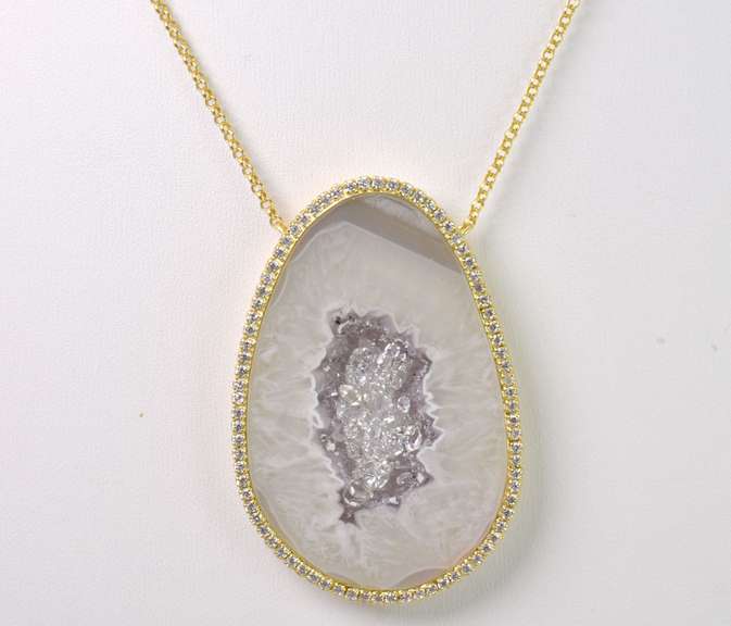 Amazing Open Agate Necklace with CZ Diamond Halo Accents in Gold Plated Sterling Silver