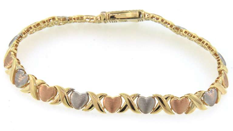 Superb 14kt Tri-Color Gold Heart & X Bracelet