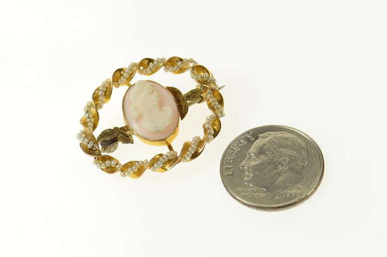 10K Yellow Gold Ornate Carved Lady Cameo Seed Pearl Twist Pin/Brooch