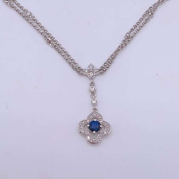 14kt White Gold, Blue Sapphire, & Diamond Necklace